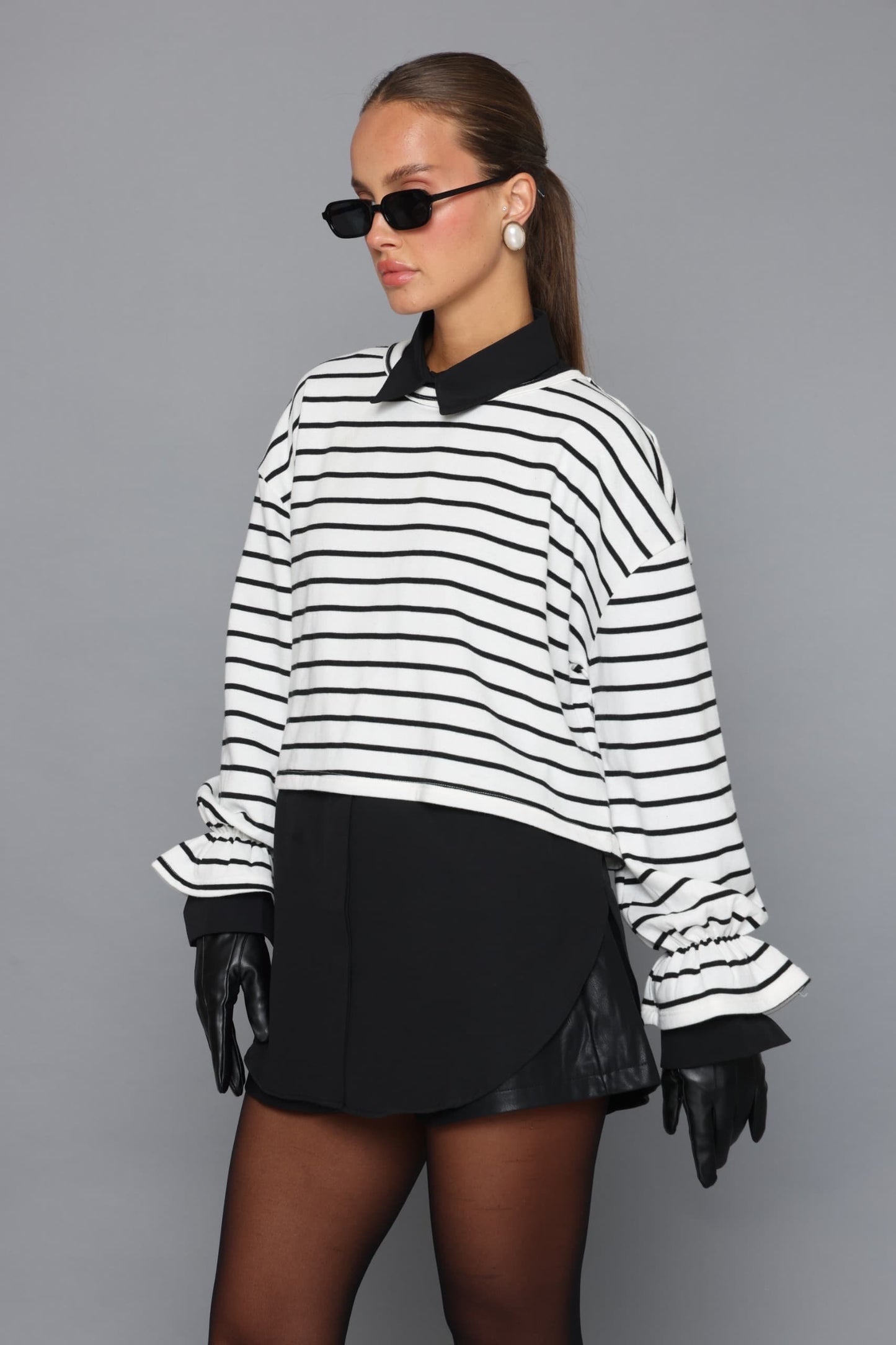 חולצת פסים קרופ שרוול פרח