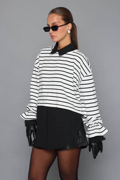 חולצת פסים קרופ שרוול פרח